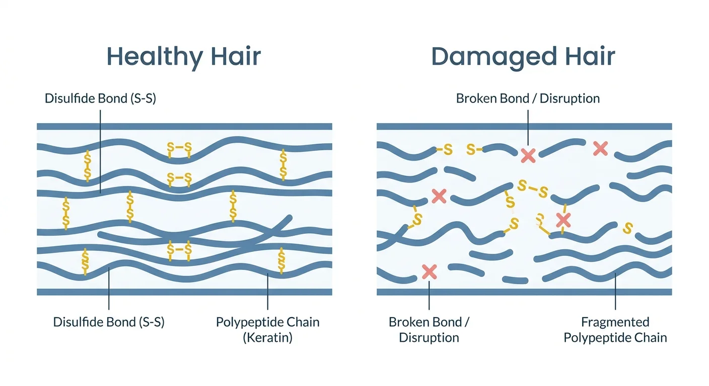 Diagram showing disulfide bonds and polypeptide chains in healthy versus damaged hair