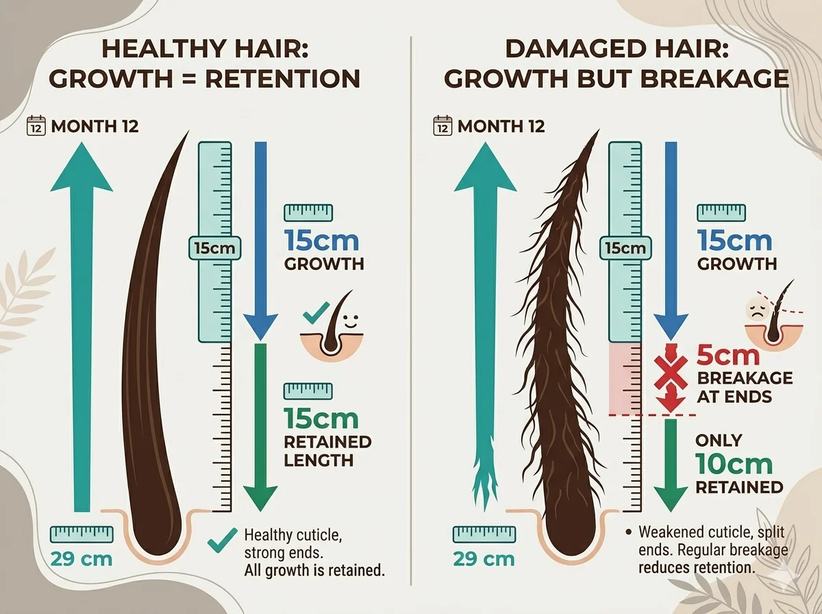 Hair growth timeline diagram showing difference between hair growth and length retention with breakage