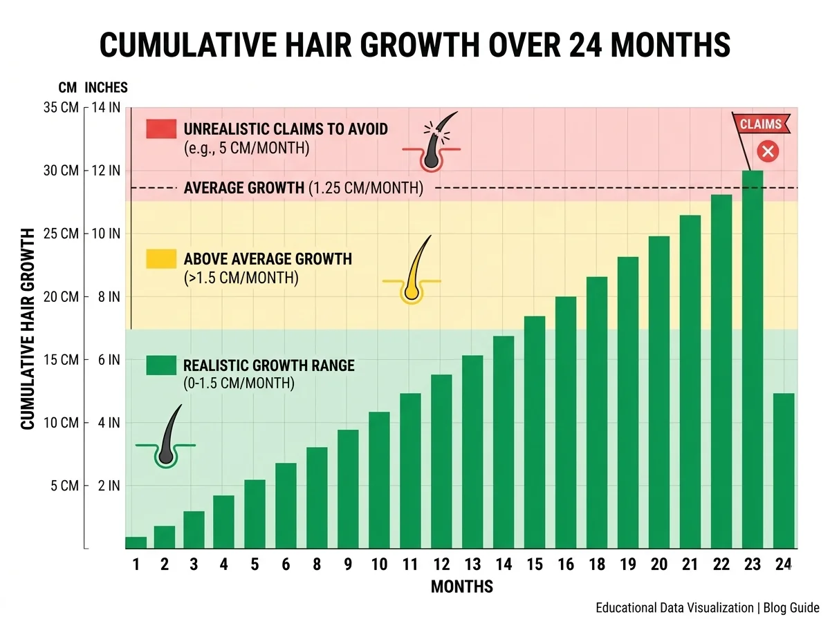 Hair growth timeline realistic expectations chart showing monthly growth in cm and inches