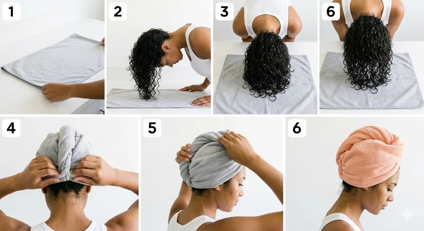 Hair plopping step-by-step visual guide showing how to wrap hair in towel properly