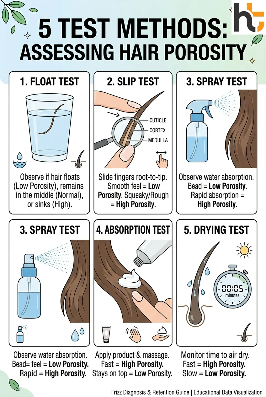 Hair porosity test 5 methods illustrated showing float test slip test spray test absorption and drying tests