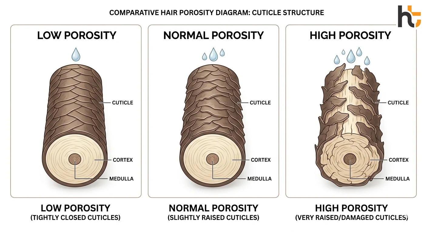 Hair porosity test guide showing three hair cuticle types low normal and high porosity illustrated