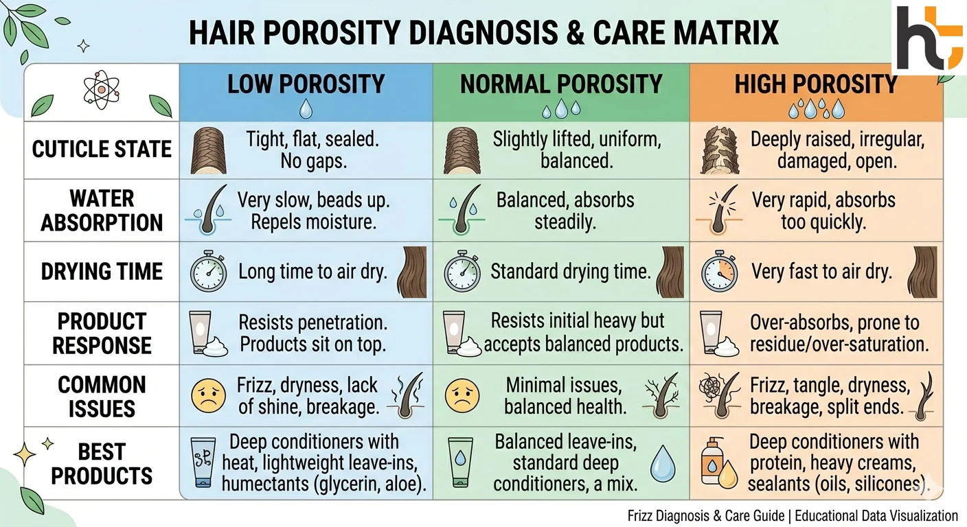 Hair porosity test types comparison showing characteristics of low normal and high porosity hair