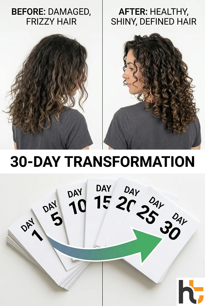 Hair transformation plan 30-day calendar showing before and after healthy hair journey