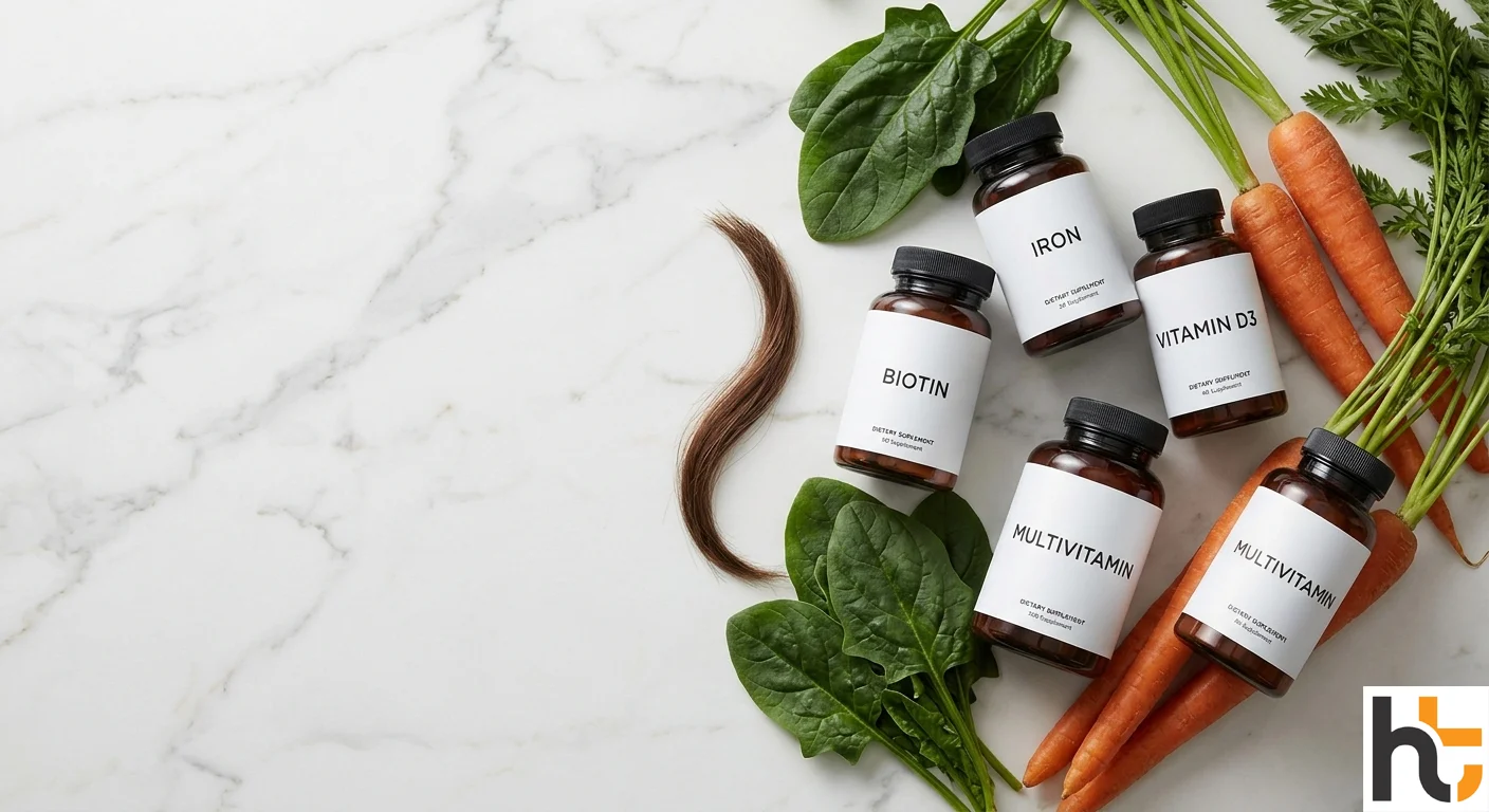 Hair vitamins guide showing supplement bottles biotin iron vitamin D on clean background