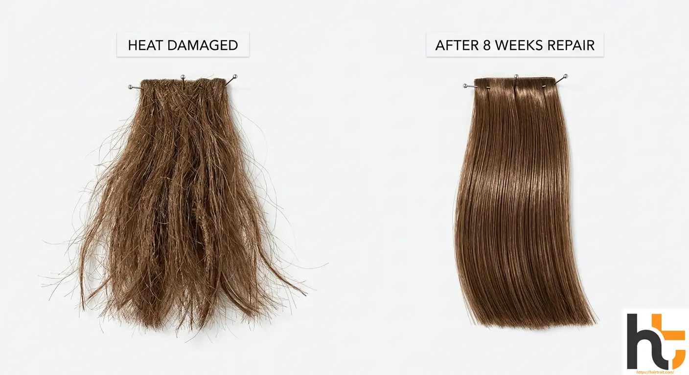 Heat damage repair guide showing damaged heat-styled hair strand before and healthy repaired strand after treatment