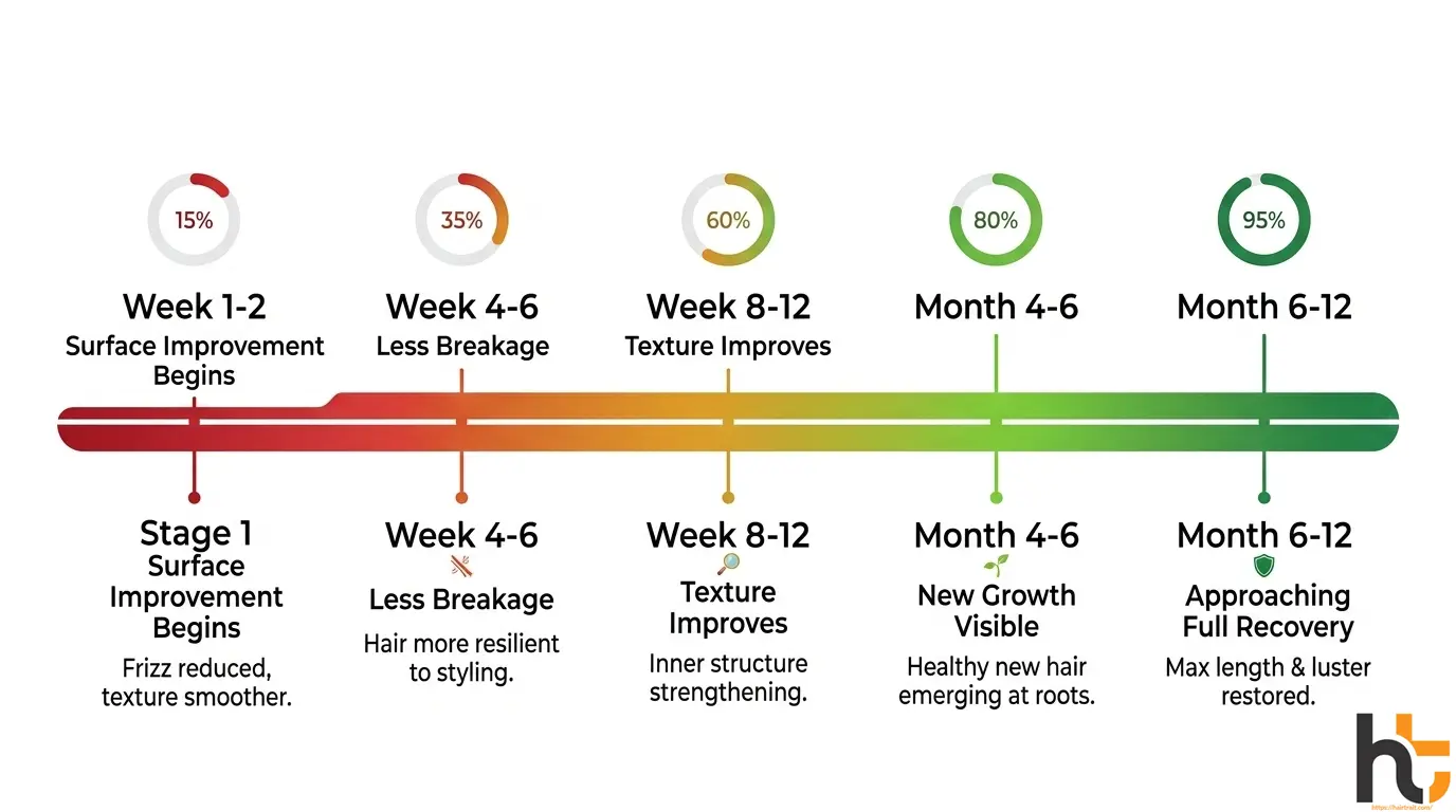 Heat damage repair recovery timeline showing improvement stages from week 1 to month 12