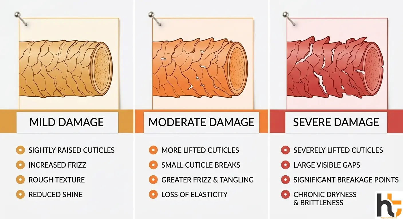 Heat damage repair severity chart showing mild moderate and severe heat damage characteristics