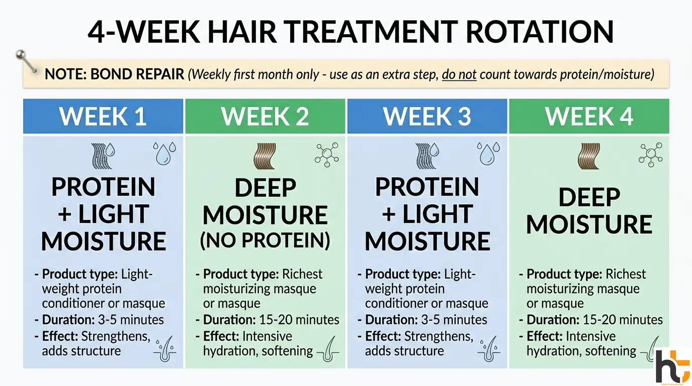 Heat damage repair treatment schedule showing weekly alternating protein and moisture routine