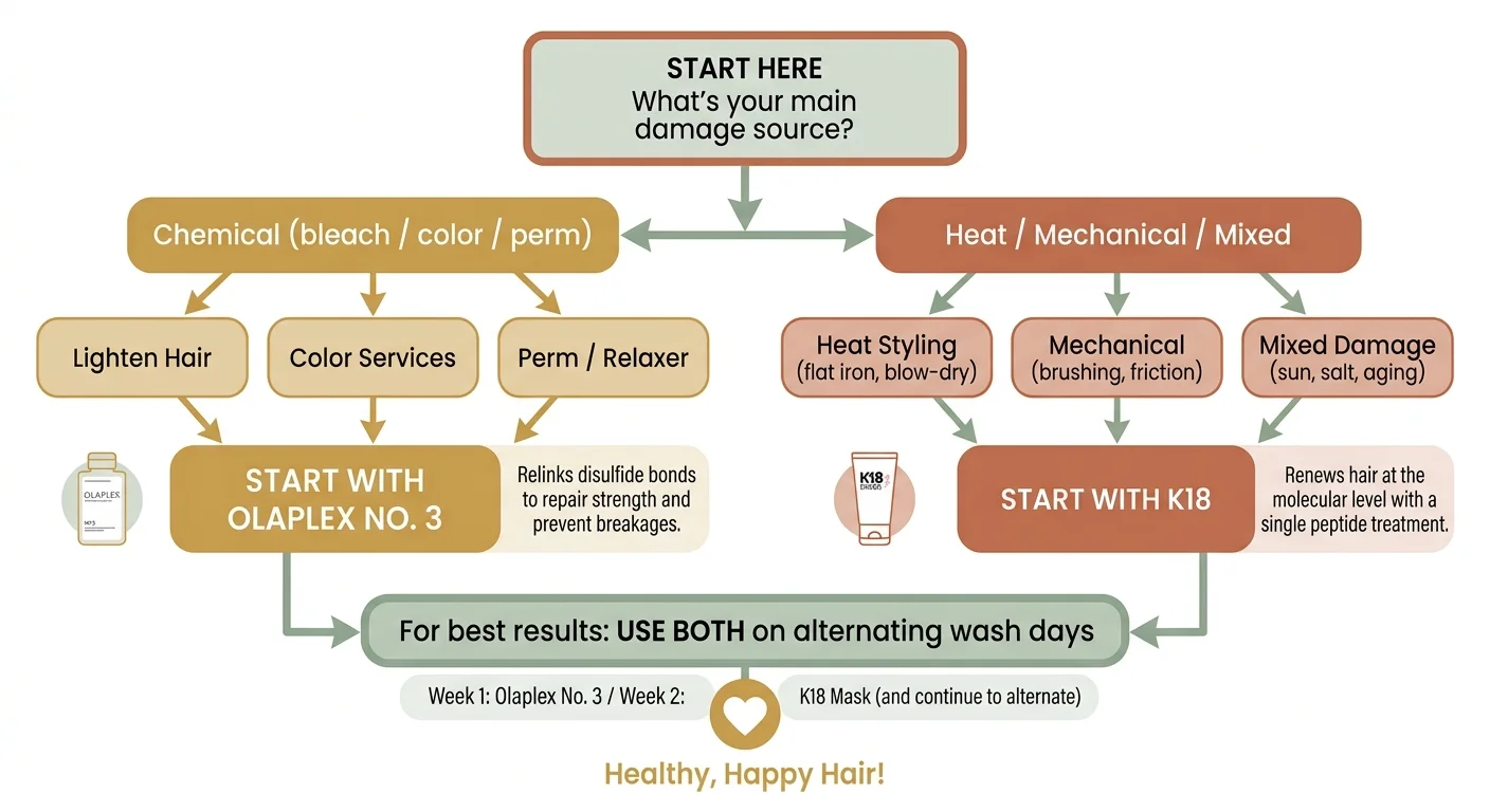 Flowchart helping readers decide between K18 vs Olaplex based on their hair damage type