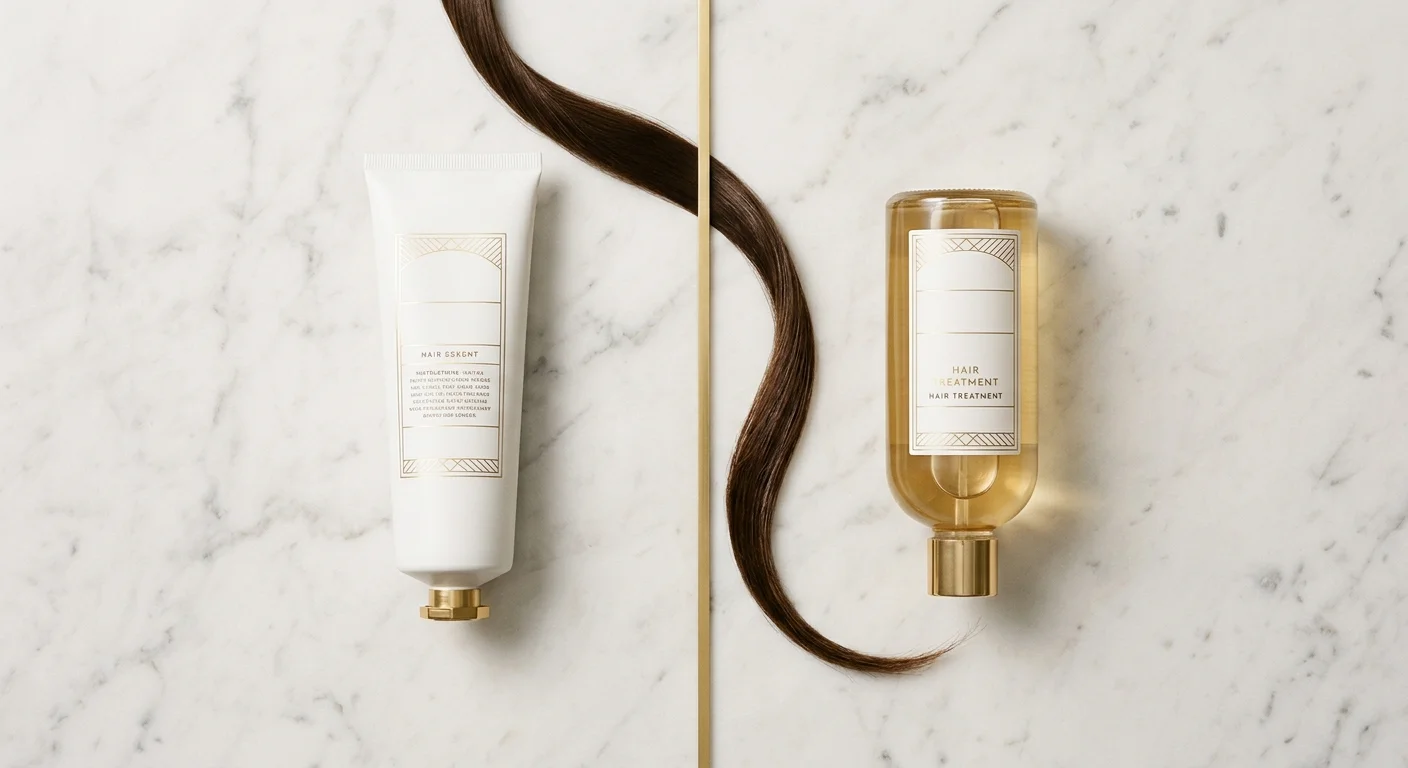 K18 vs Olaplex bond repair treatments displayed side by side on marble surface