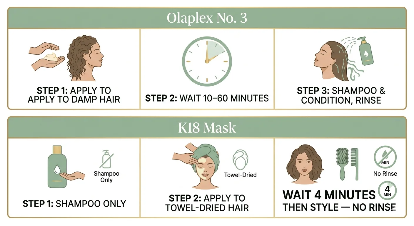 Step-by-step comparison showing how to use K18 vs Olaplex No. 3