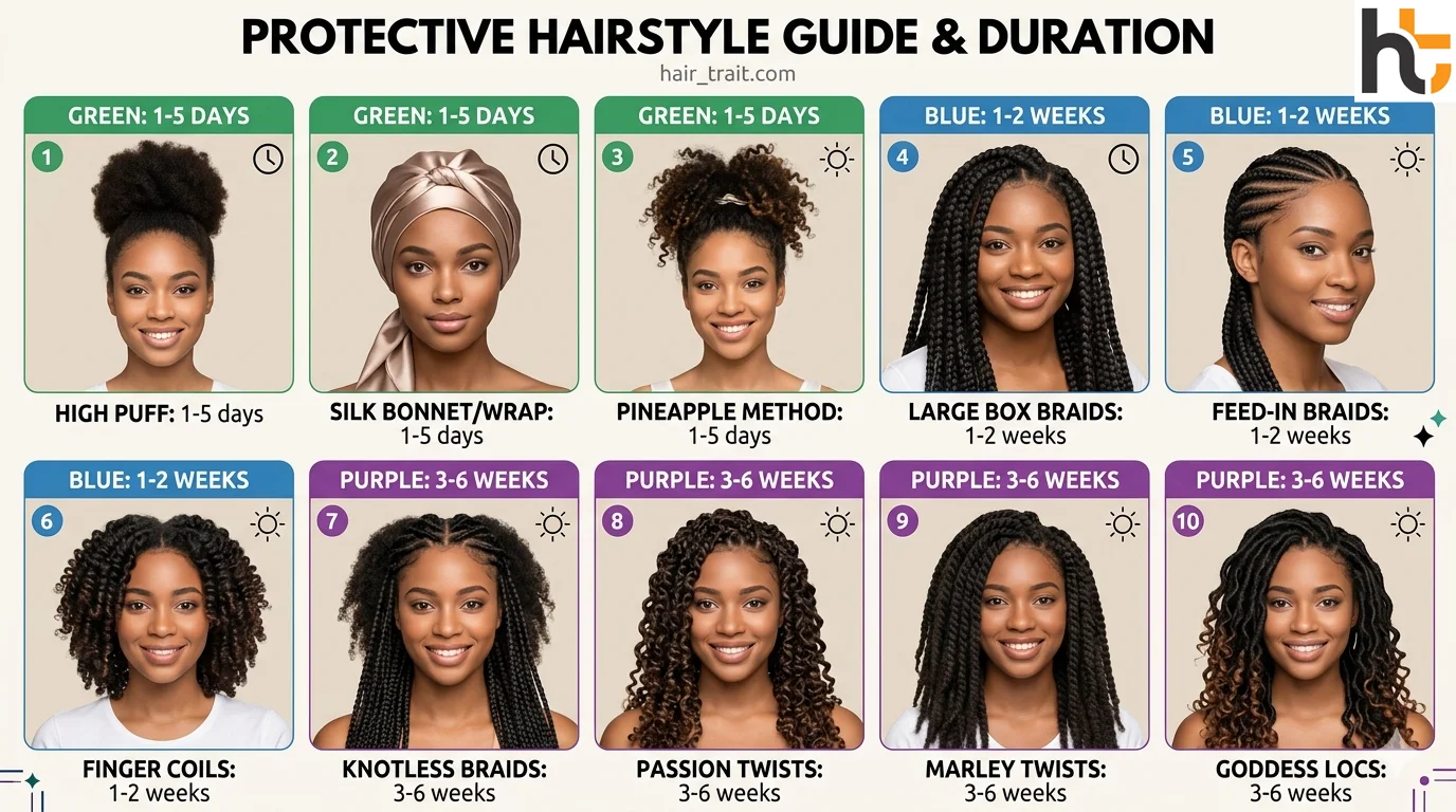 Protective hairstyles 10 styles grid showing box braids twists buns knots and other low-manipulation options