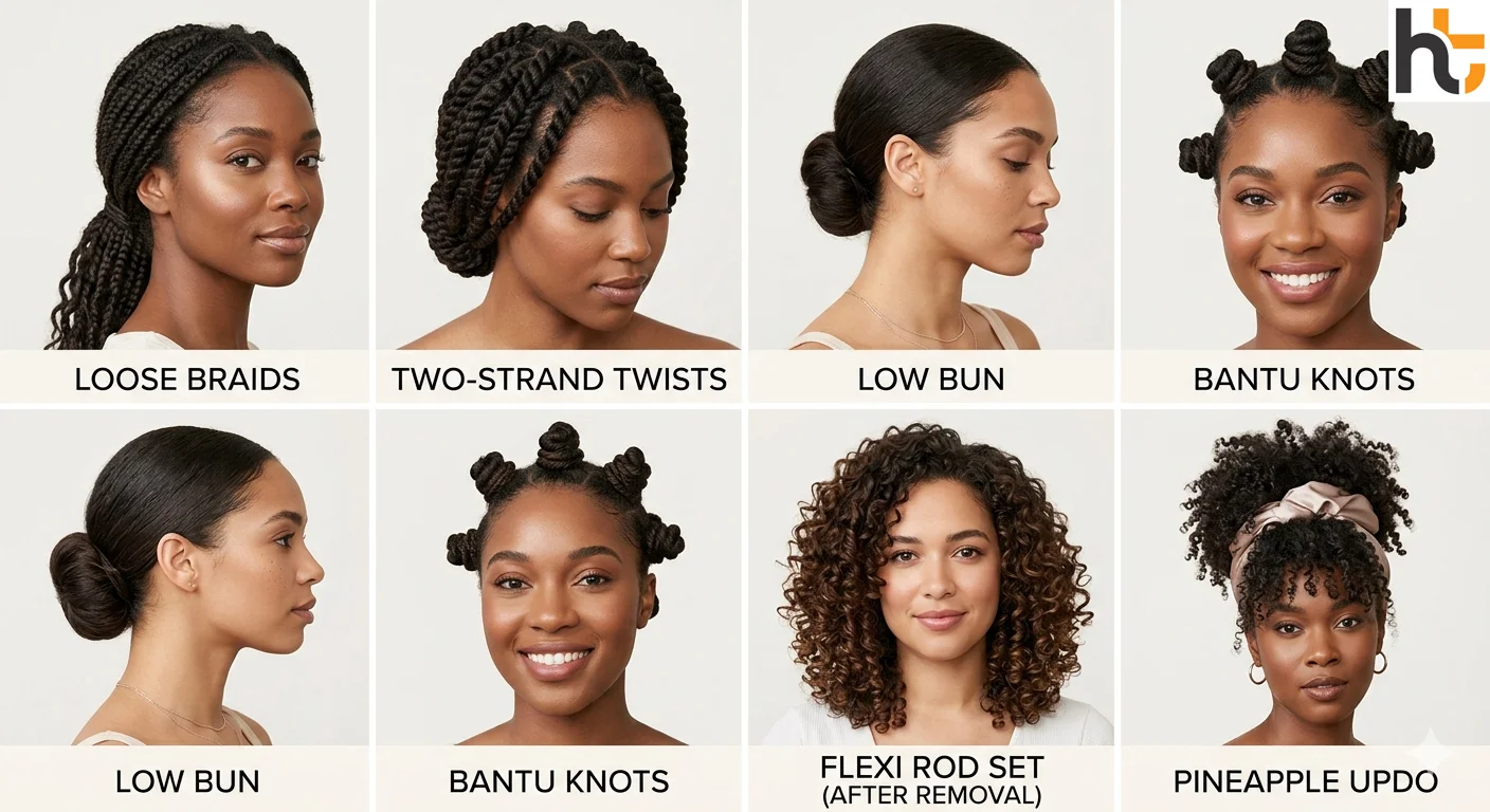 Protective hairstyles guide showing various low-manipulation styles including braids twists and updos