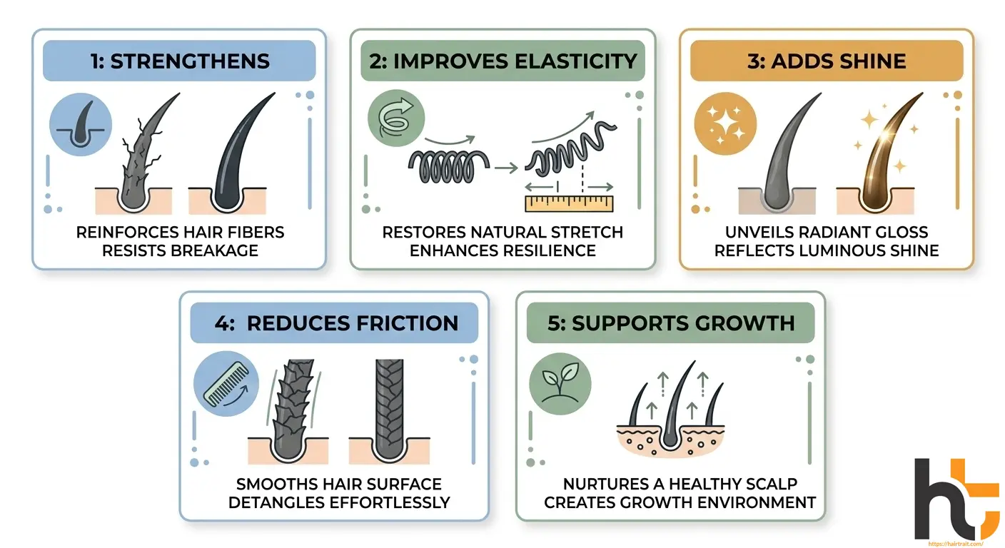 Rice water for hair benefits infographic showing 5 proven effects on hair health