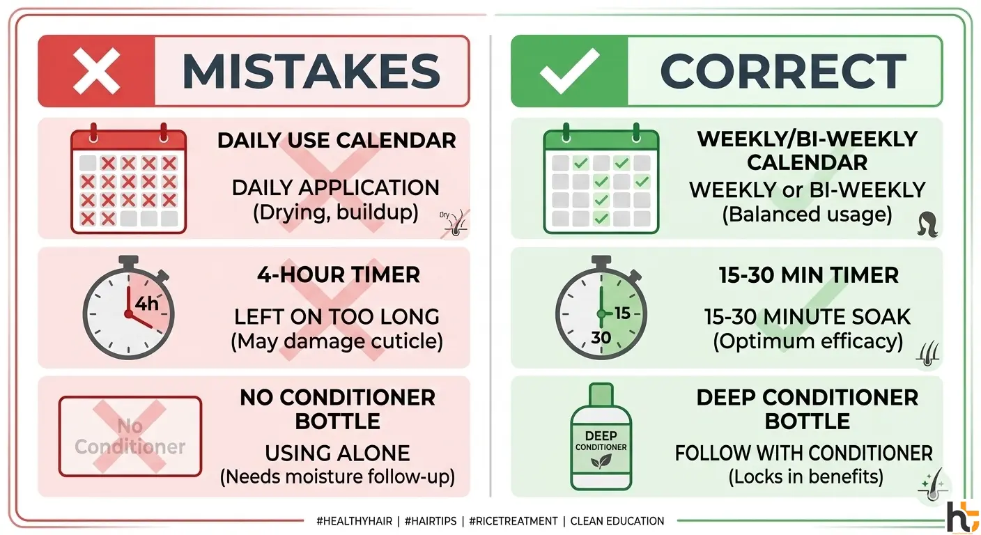 Rice water for hair mistakes versus correct usage showing frequency timing and follow-up treatment
