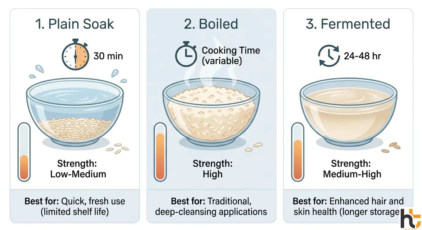 Rice water for hair preparation methods showing plain soak boiled and fermented comparison
