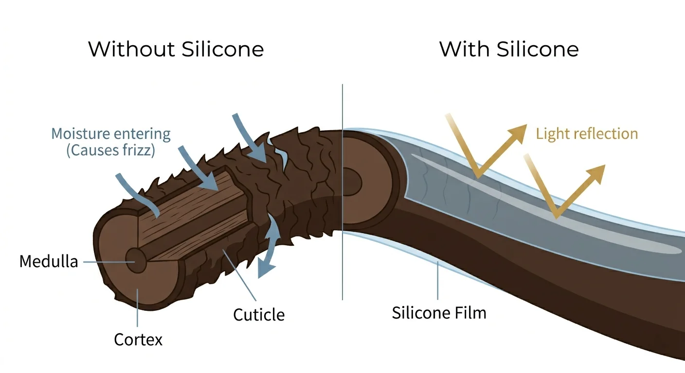 Diagram showing how silicones coat the hair cuticle to reduce frizz and add shine