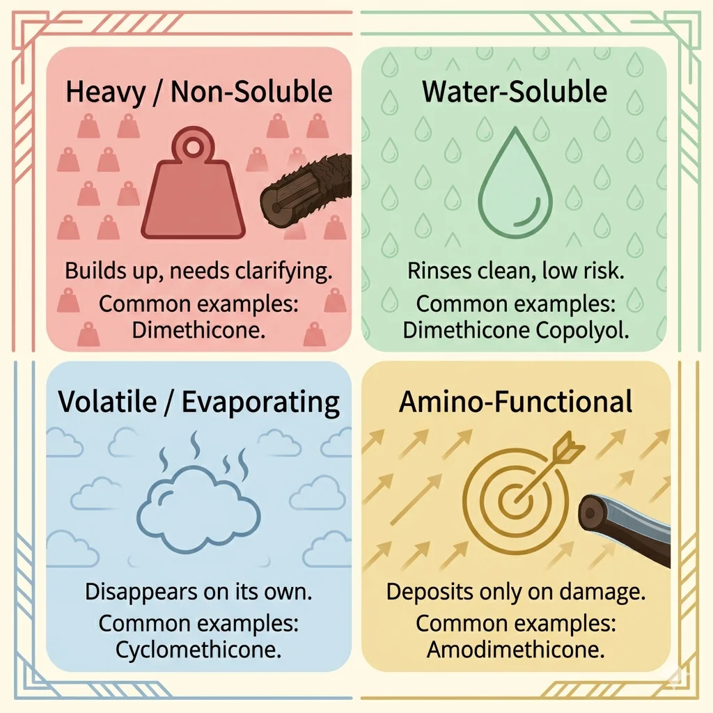 Visual guide to silicone types in hair products — heavy, water-soluble, volatile, and amino-functional