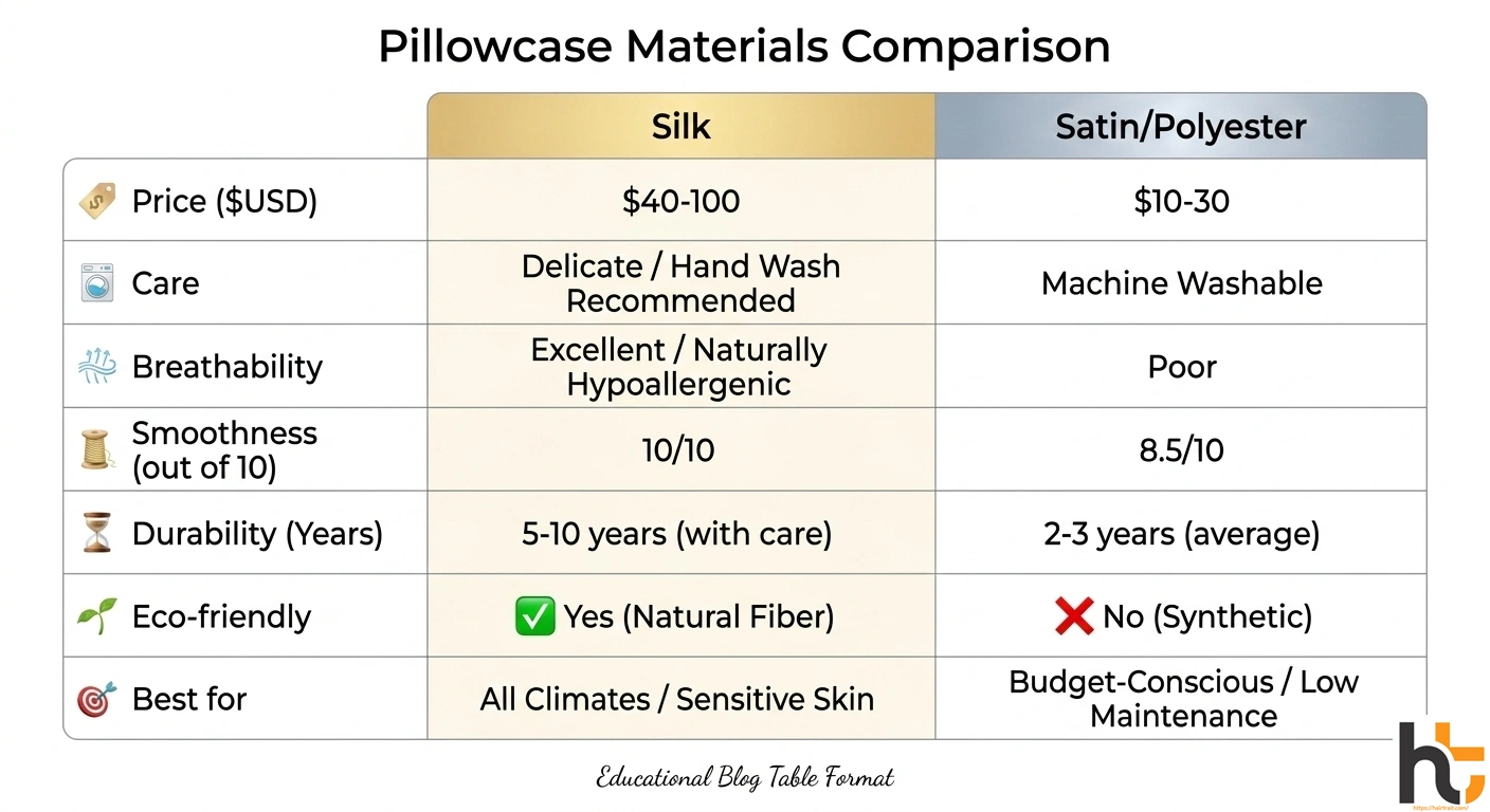 Silk vs satin pillowcases for hair detailed comparison table showing price care benefits and drawbacks