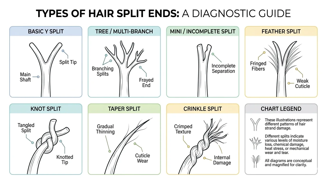 Split ends 7 types illustrated diagram showing Y-split tree split feather knot taper mini crinkle