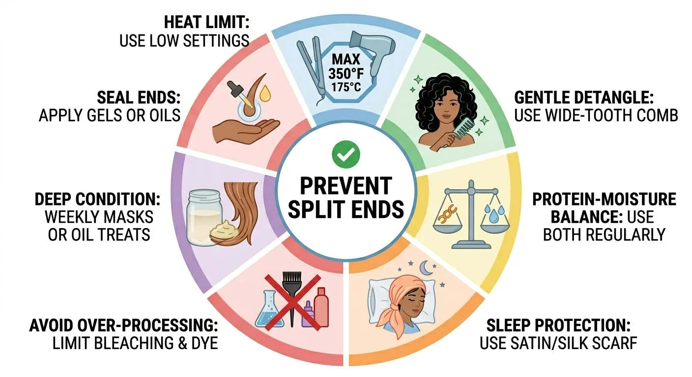 Split ends prevention strategies infographic showing 7 ways to prevent splits