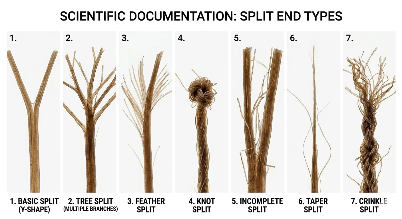 Split ends types guide showing 7 different split end variations under magnification