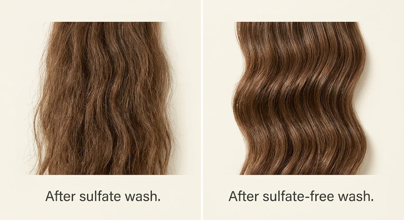 Side-by-side comparison of hair washed with sulfate shampoo versus sulfate-free shampoo