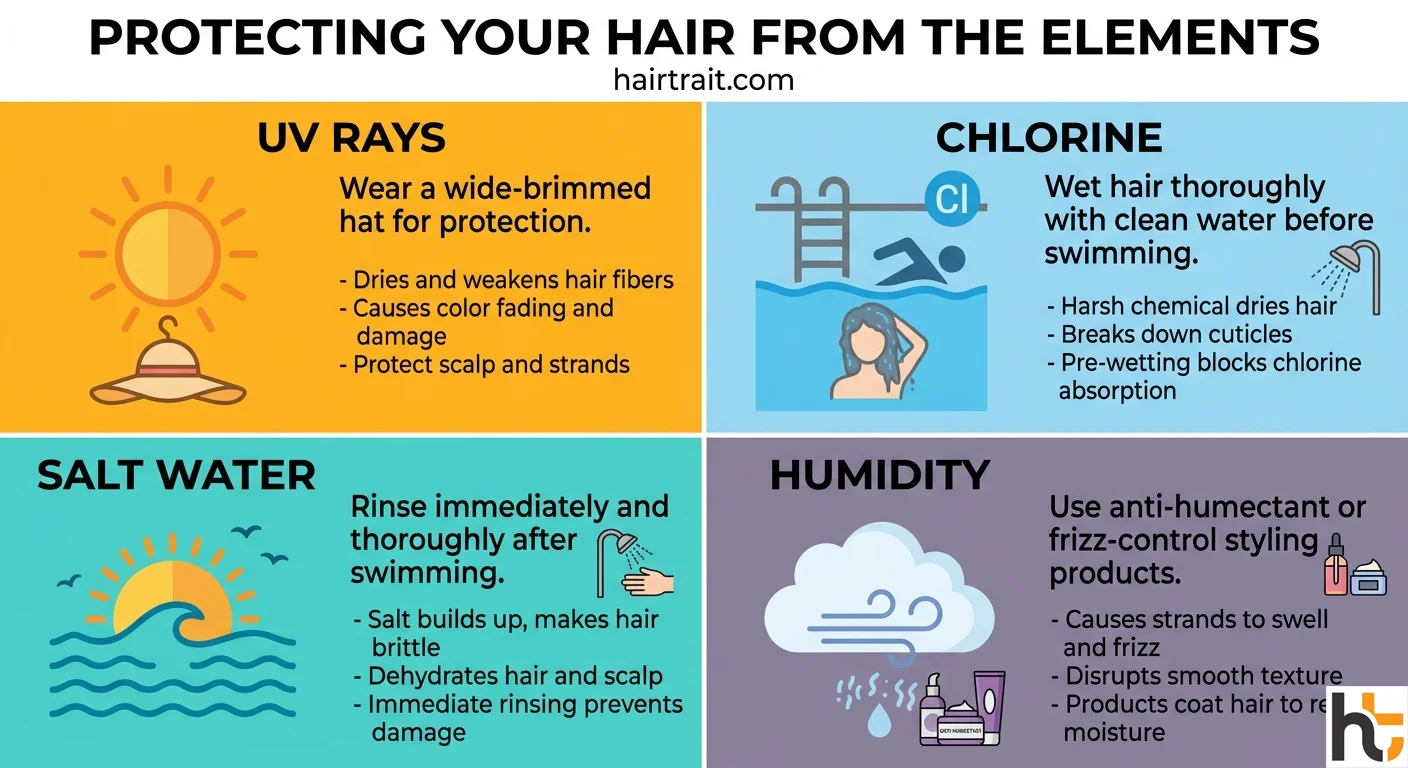 Summer hair care damage prevention showing UV chlorine salt water and humidity protection methods