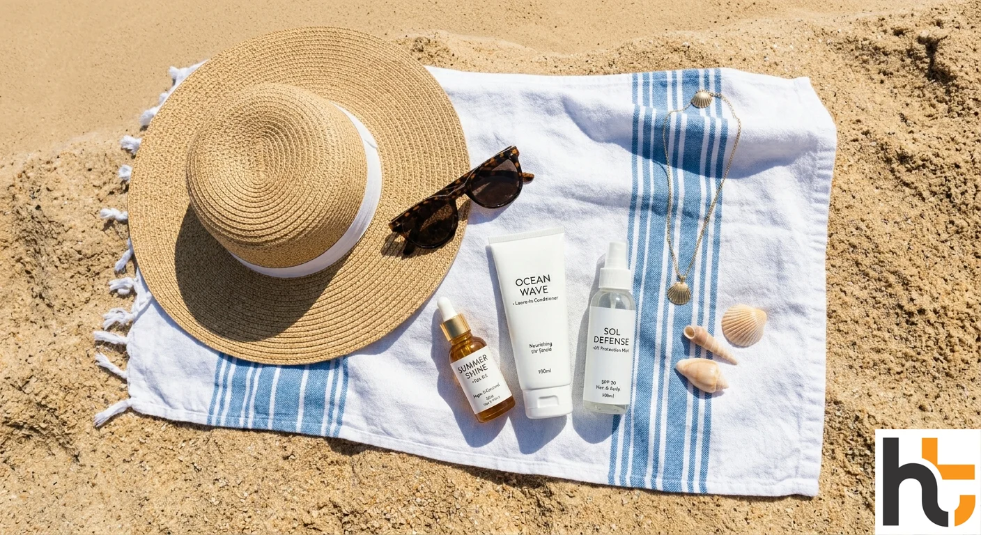 Summer hair care guide showing sun hat beach hair and UV protection essentials