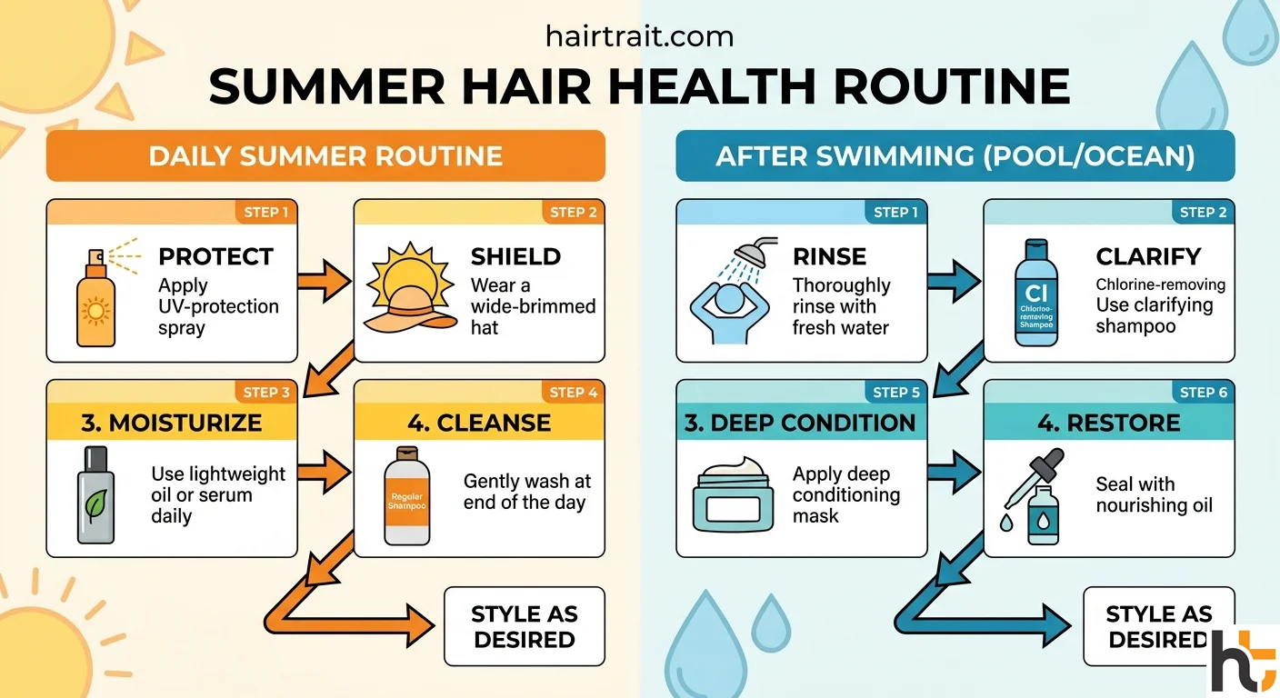 Summer hair care routine flowchart showing daily care and after-swimming protocol