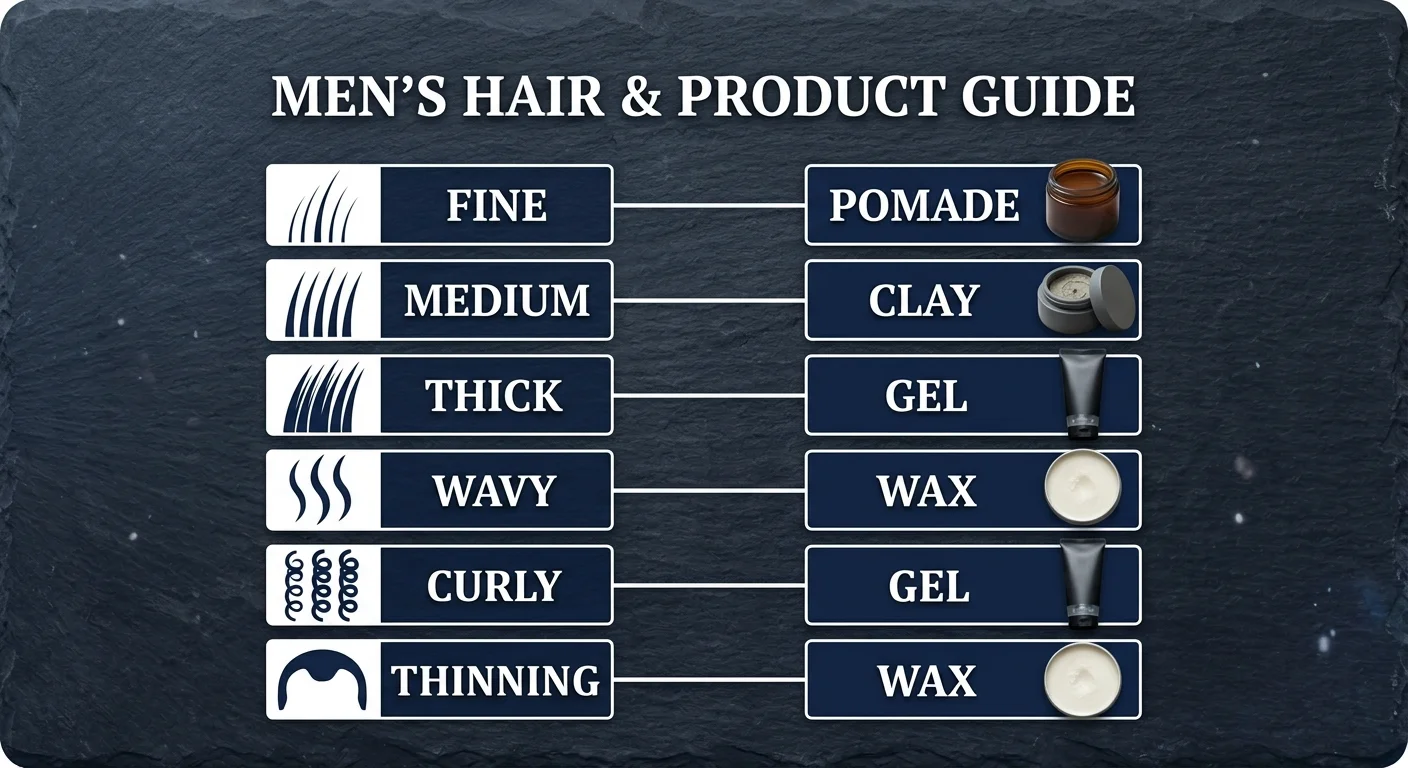 Clean infographic matching 6 hair types to their ideal product. Each row has a hair type icon on the left and the recommended product name on the right with a connecting line. Hair types: Fine, Medium, Thick, Wavy, Curly, Thinning. Navy blue and white design, minimal icons, professional reference card layout.