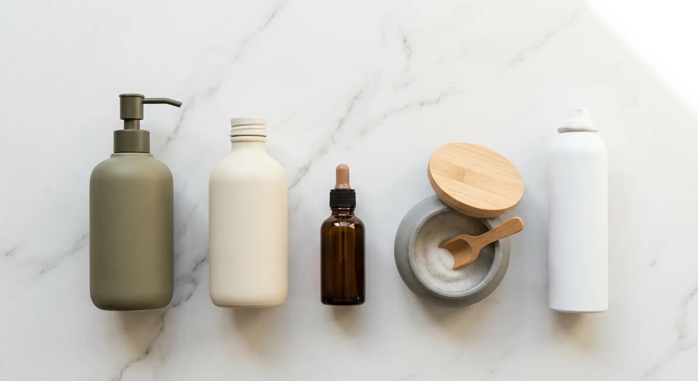 Overhead flat lay of essential hair care products for combination hair. Arranged on a clean white marble surface: balancing shampoo bottle, lightweight conditioner, small bottle of argan oil, scalp scrub, and dry shampoo spray. Generic unlabelled containers in muted tones. Clean studio lighting, minimal aesthetic, no brand names visible.