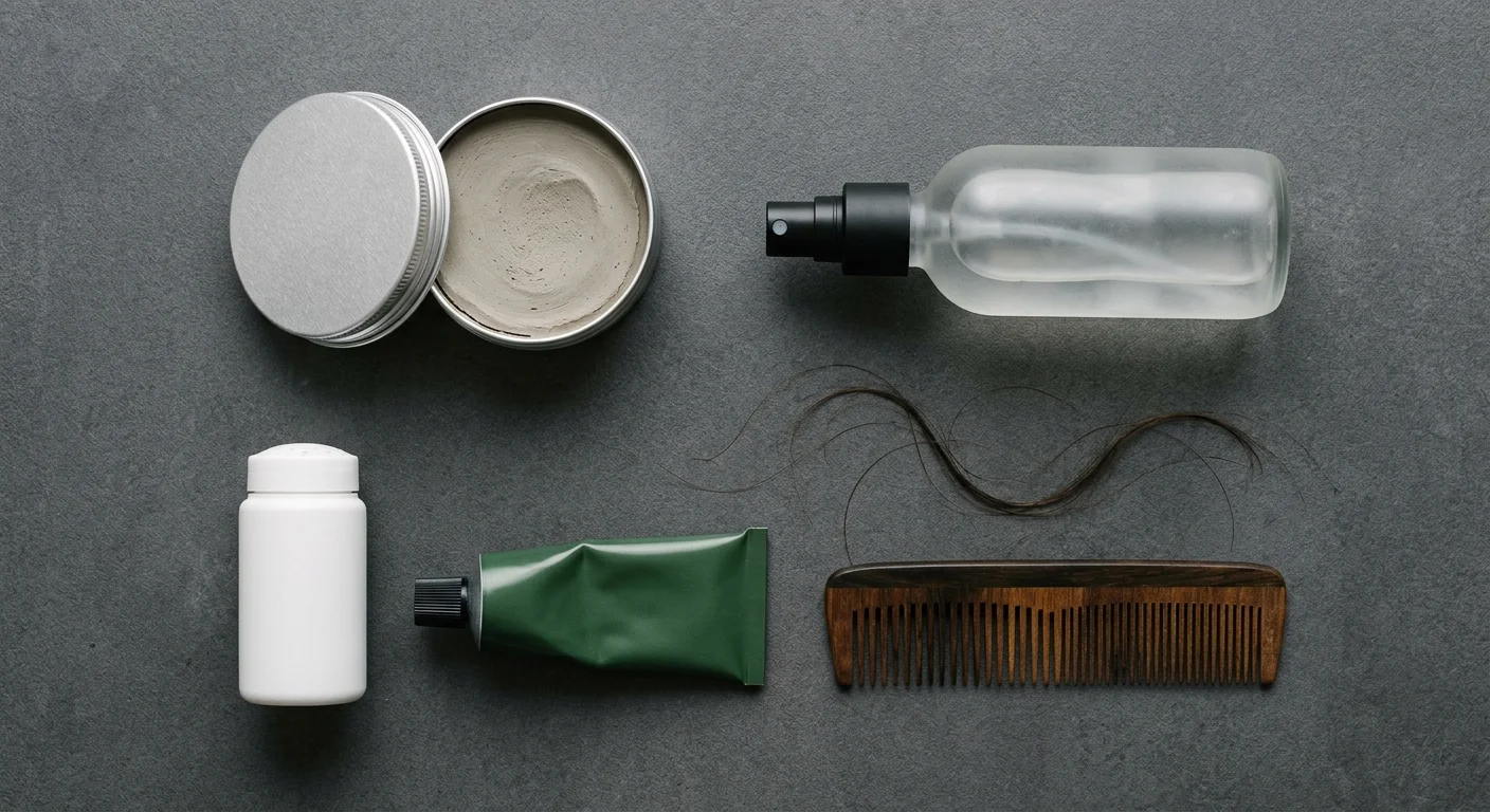 Clean infographic showing 4 quick styling tips for men with receding hairlines: (1) Use matte products icon, (2) Blow dry forward with head tilted icon, (3) Regular barber visits every 3–4 weeks calendar icon, (4) Consider facial hair icon. Navy blue and white colour scheme, simple icons, professional infographic layout, no photos.