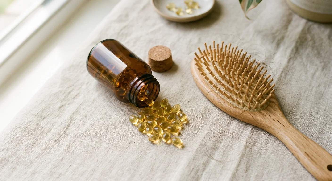 Biotin for hair growth — biotin supplement capsules spilled from a bottle beside a hairbrush