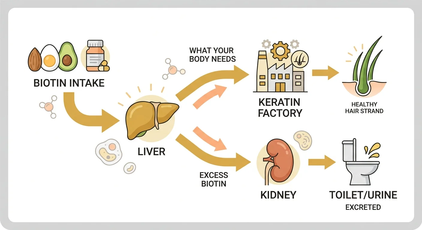 Diagram showing how biotin supports keratin production for hair growth and what happens with excess