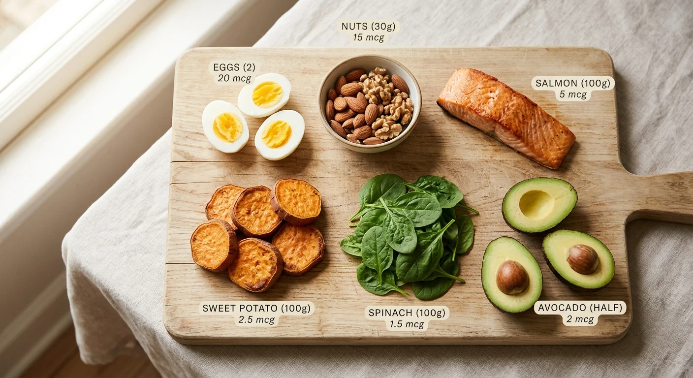 Foods naturally rich in biotin for hair growth including eggs, nuts, salmon, and sweet potatoes
