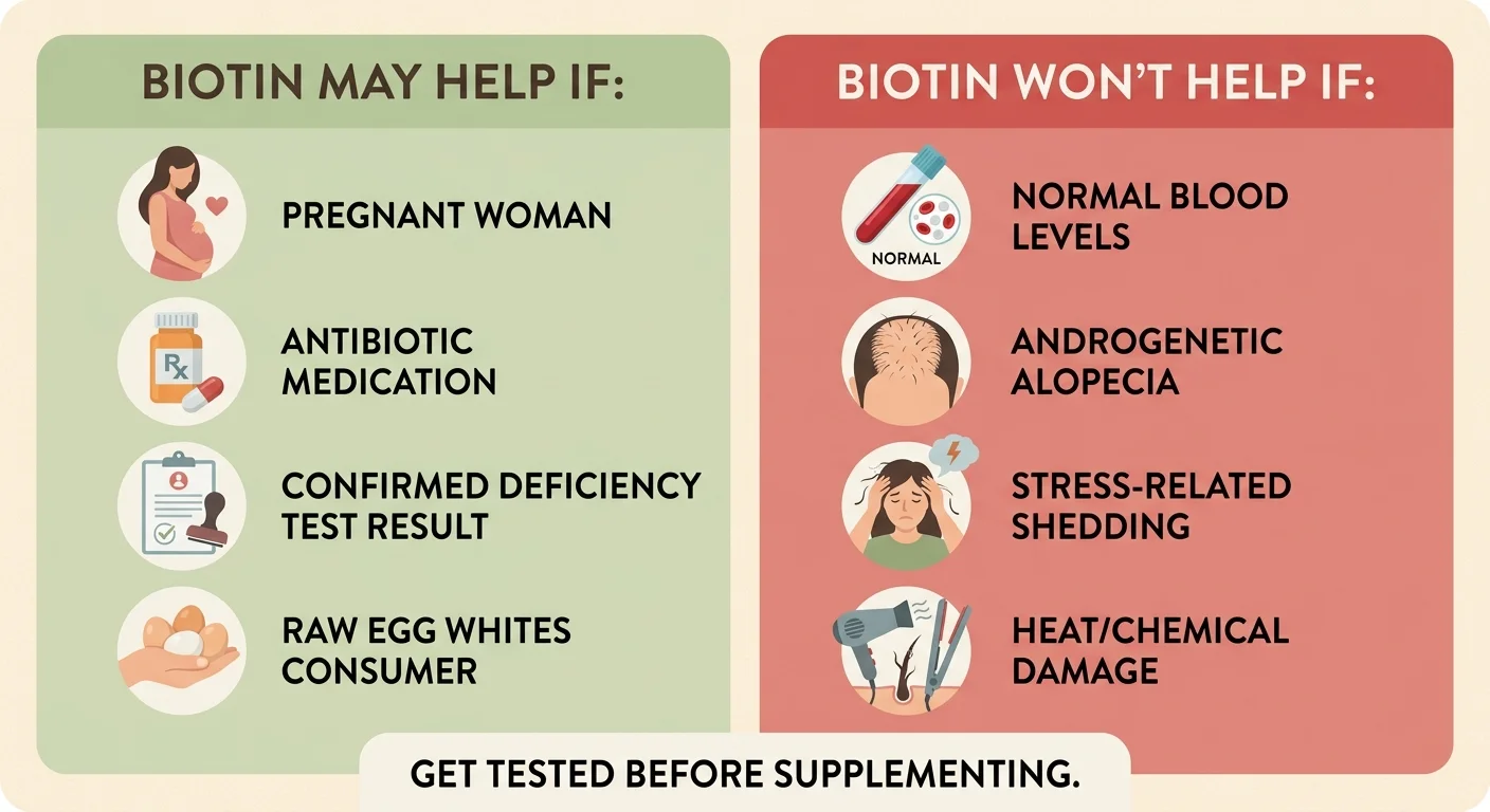 Infographic showing who benefits from biotin for hair growth versus who doesn't