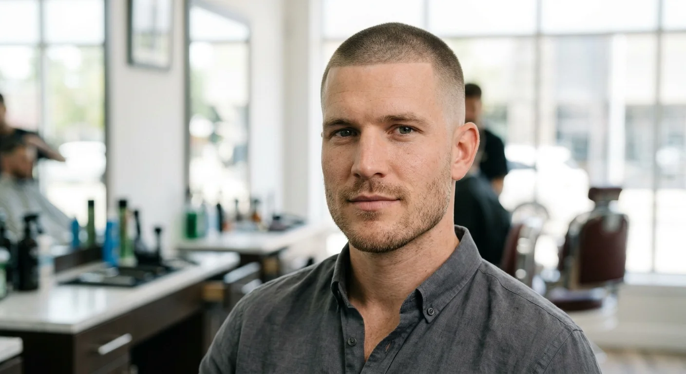 Portrait of a man with a strong square jaw wearing a clean buzz cut with skin fade. Confident expression, natural lighting, barbershop or neutral background. Slight stubble on the jawline. Professional headshot photography style, not overly posed.