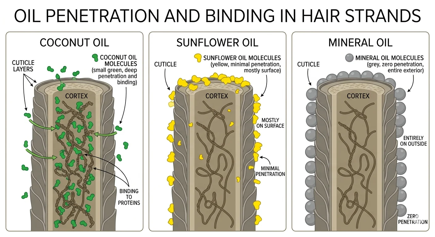 Diagram showing how coconut oil penetrates the hair cortex compared to other oils that only coat the surface