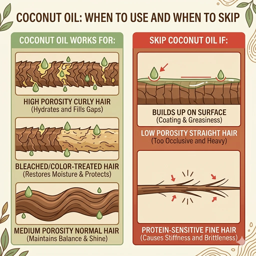 Infographic showing which hair types benefit from coconut oil for hair and which should avoid it