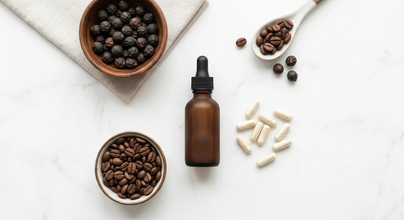 Overhead flat lay product photography. Natural ingredients arranged on a clean white surface: saw palmetto berries, coffee beans (representing caffeine), a small unlabelled amber bottle, and biotin capsules. Soft studio lighting, minimal aesthetic, no brand names visible.