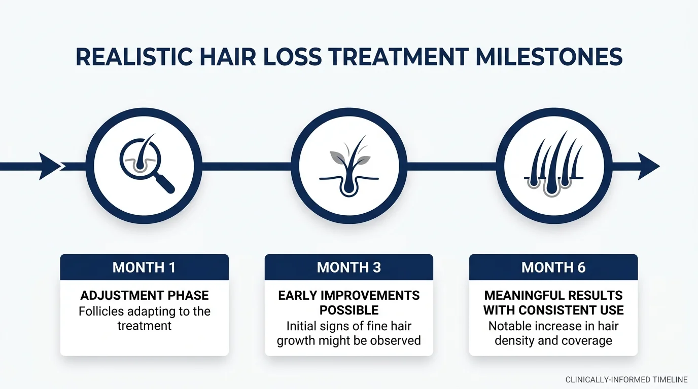 Minimal horizontal timeline infographic showing realistic hair loss treatment milestones: Month 1 — adjustment phase (follicles adapting); Month 3 — early improvements possible; Month 6 — meaningful results with consistent use. Navy blue and white design, milestone icons, no exaggerated claims, honest and clinical in style.