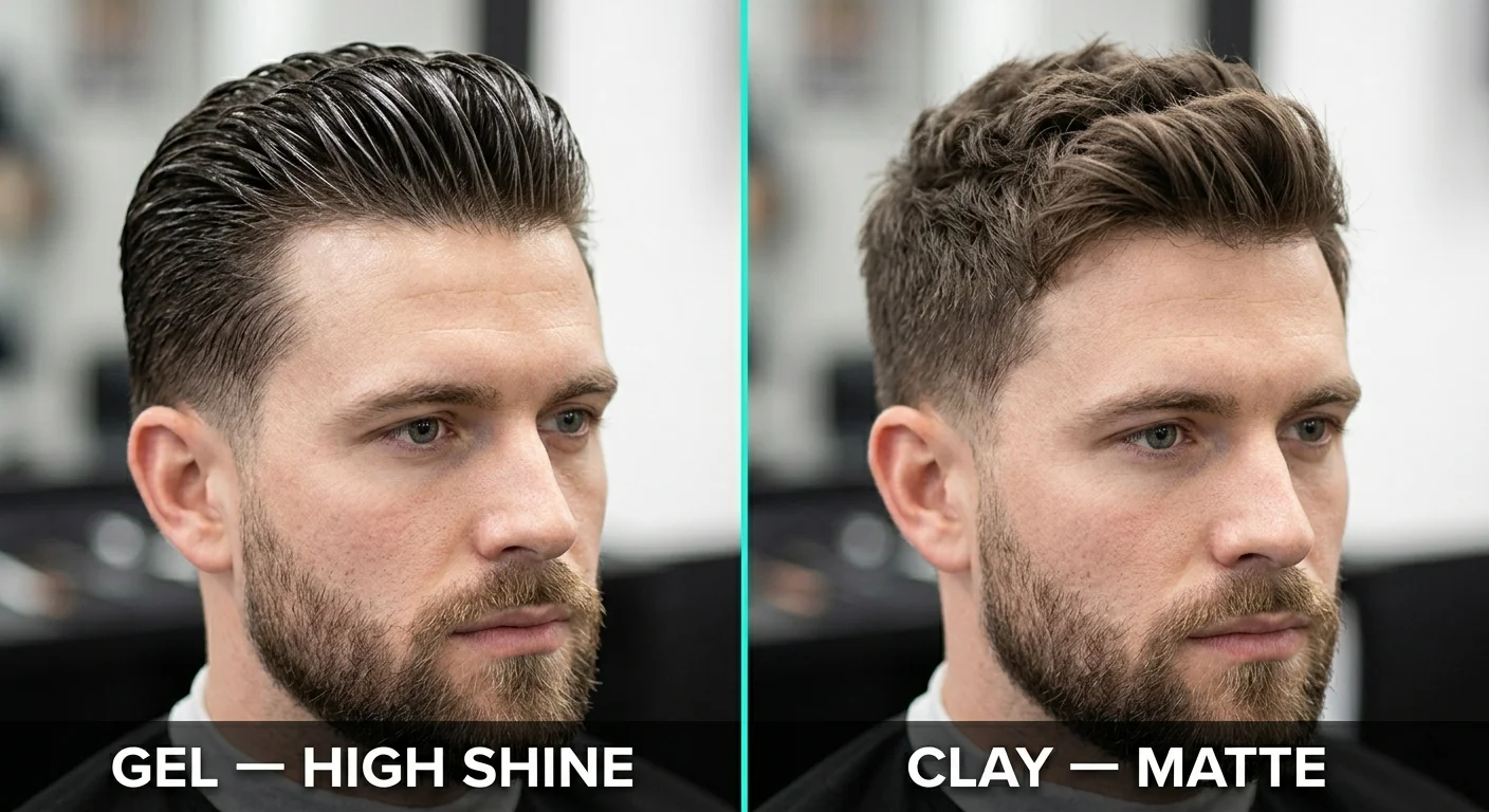 Split comparison photo. Left: man's hair styled with gel showing wet, shiny, structured finish (labelled 'Gel — High Shine'). Right: same style of hair with clay showing matte, textured, natural finish (labelled 'Clay — Matte'). Clean barbershop lighting, front angle, clear visual difference.