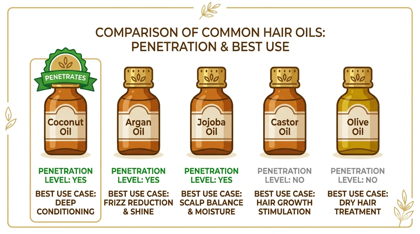 Comparison chart of coconut oil for hair versus argan, jojoba, castor, and olive oil