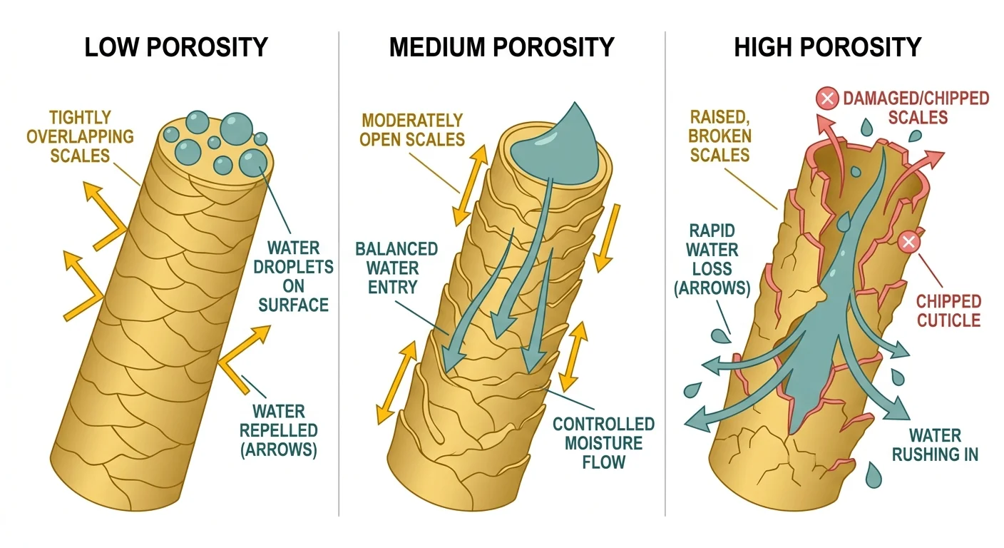 Diagram comparing hair cuticle structure in low, medium, and high porosity hair