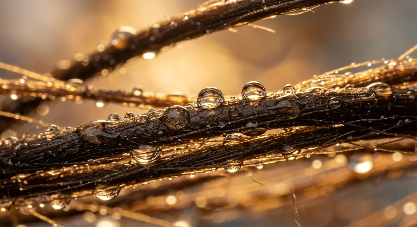 Hair porosity explained — water droplets sitting on smooth hair strands under warm light