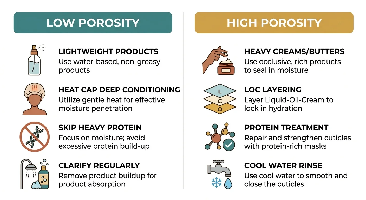 Infographic comparing recommended routines for low porosity and high porosity hair