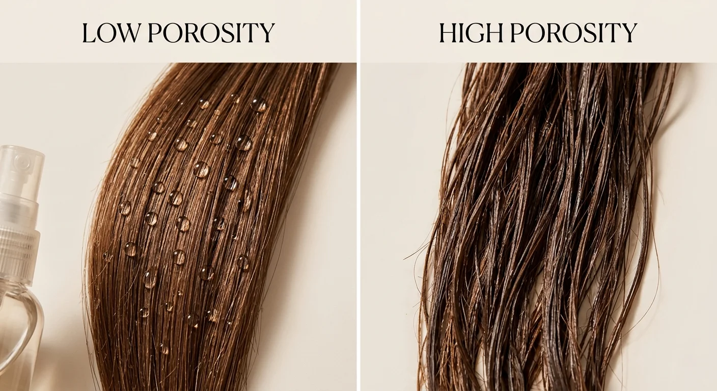 Hair porosity spray bottle test showing water beading on low porosity hair versus absorbing into high porosity hair