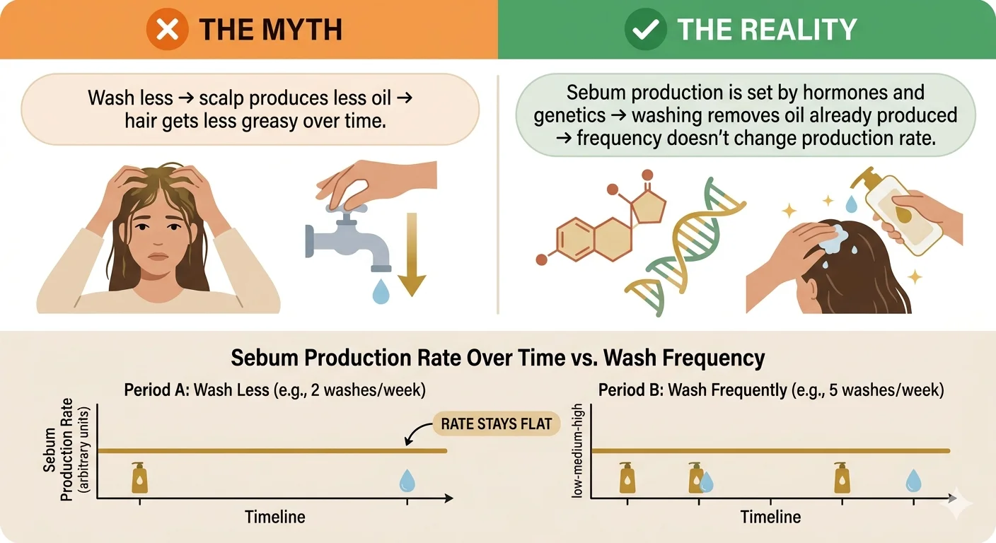 Infographic comparing the hair training myth versus the scientific reality of sebum production